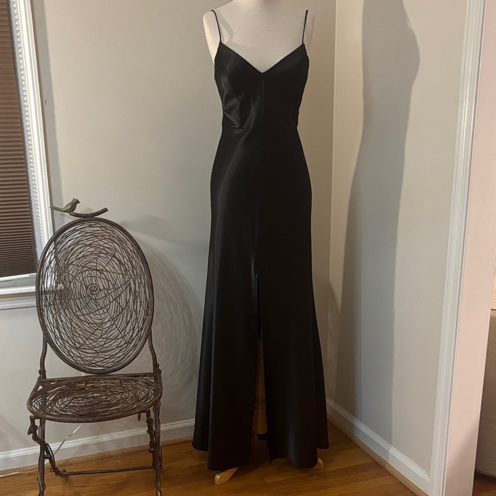 Jenny Yoo Black Satin Crepe Dina Slip Maxi Dress with Front Slit 4